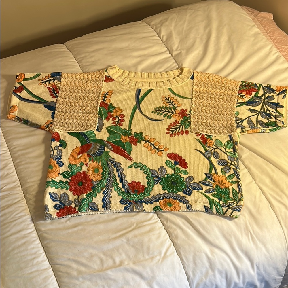 Anthropologie Red and Cream Crew Neck Sweater with Textured Knit